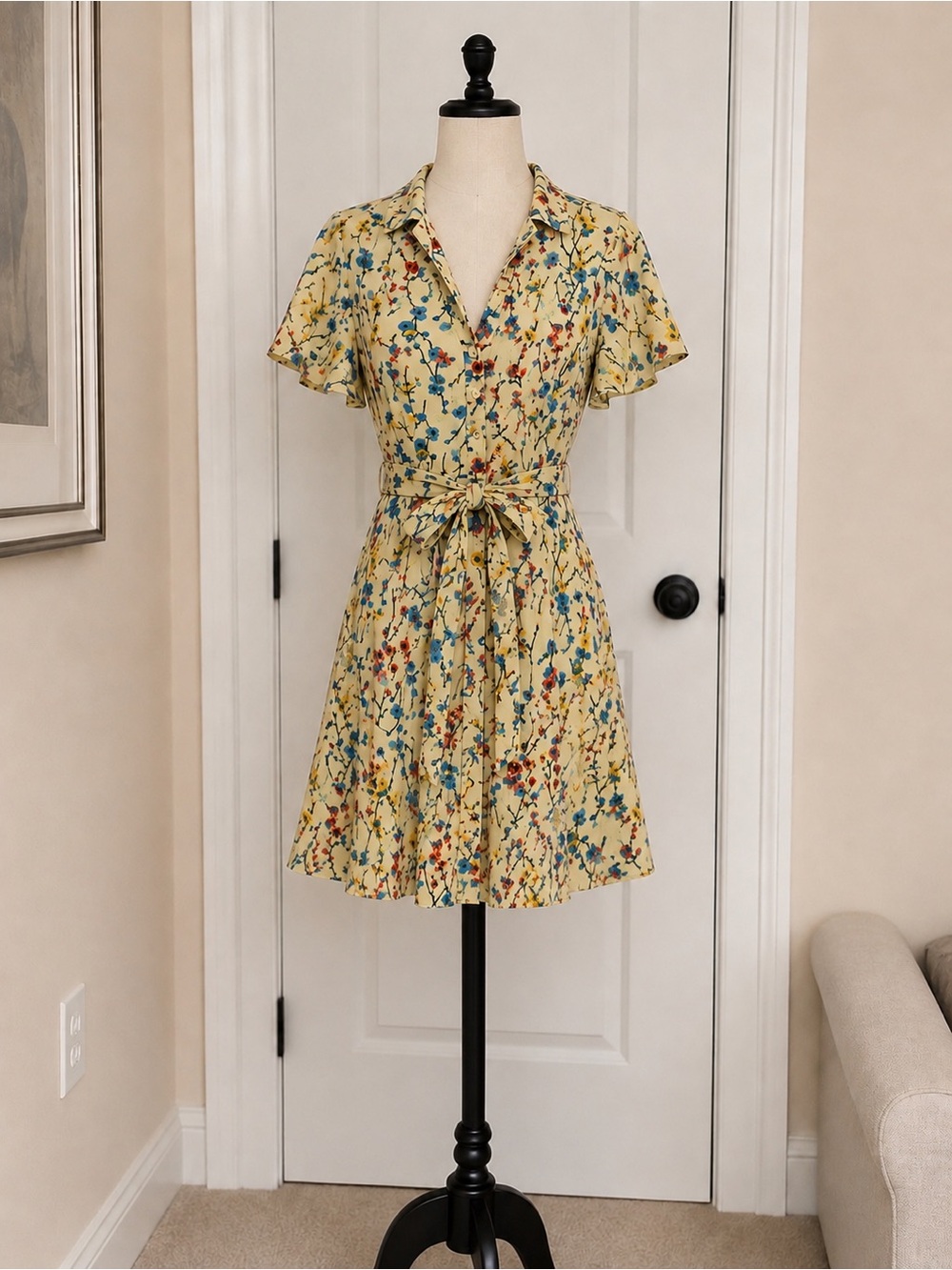 London Times Yellow Floral Tie-Front Shirt Dress
